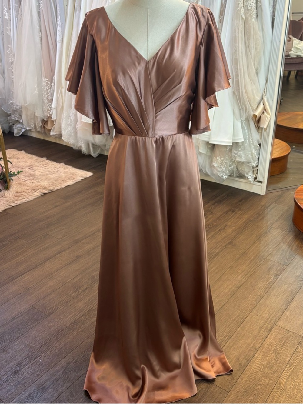 Satin V-Neck Flutter Sleeve Maxi Dress in Copper